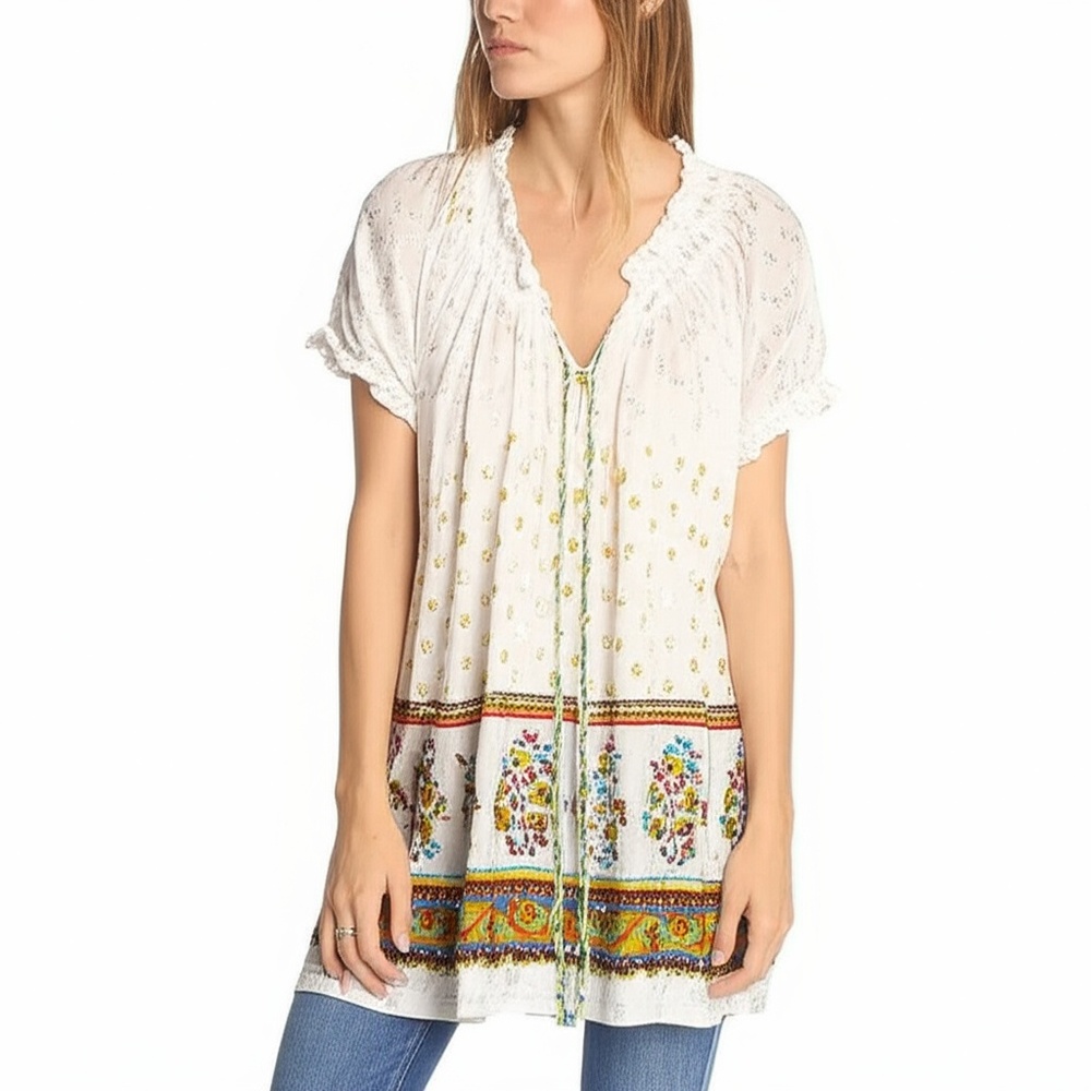 BOSTON PROPER Blouse Large White Bohemian Embellished Tie Front‎ Flowy Resort